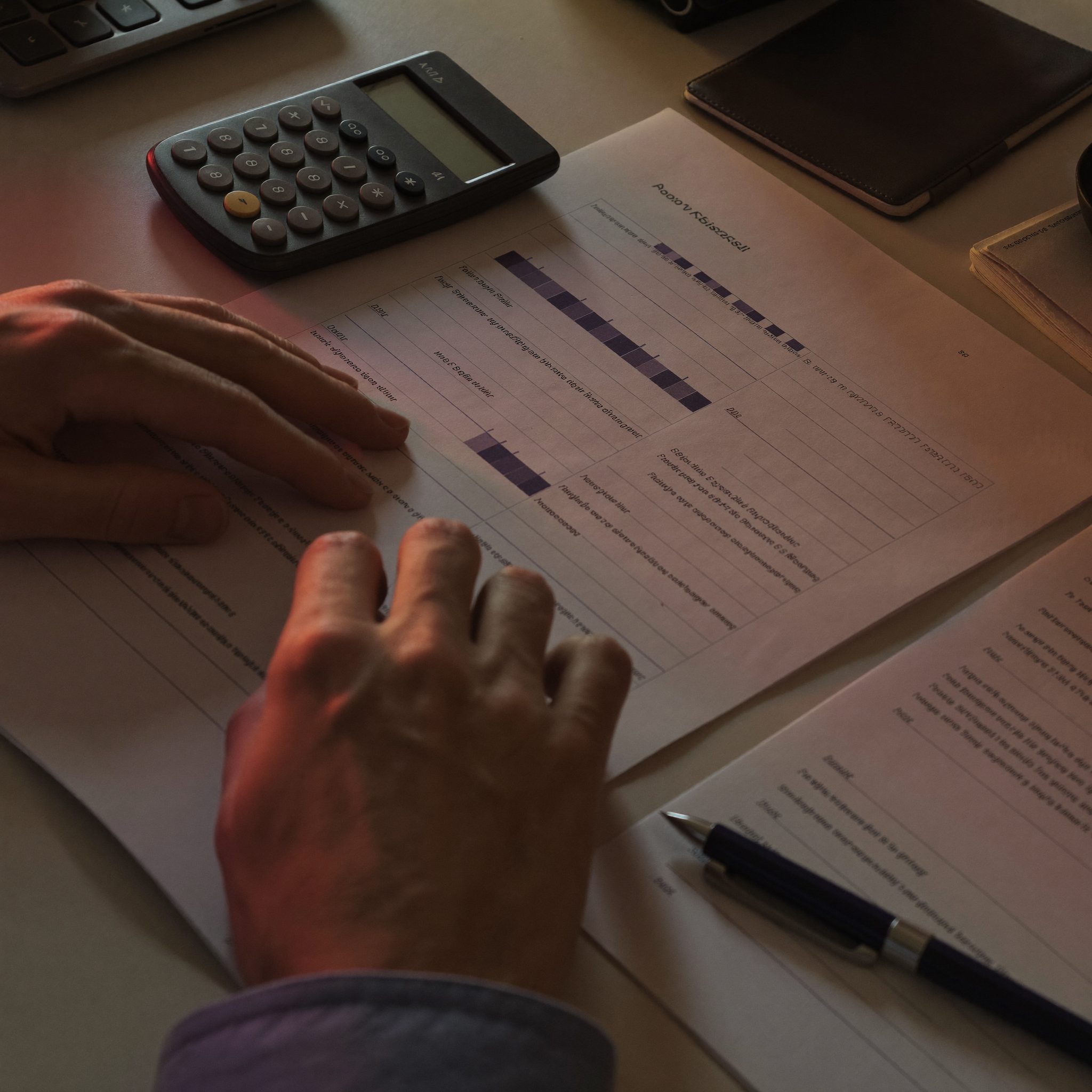Due diligence documents laid out on a desk during a financial review
